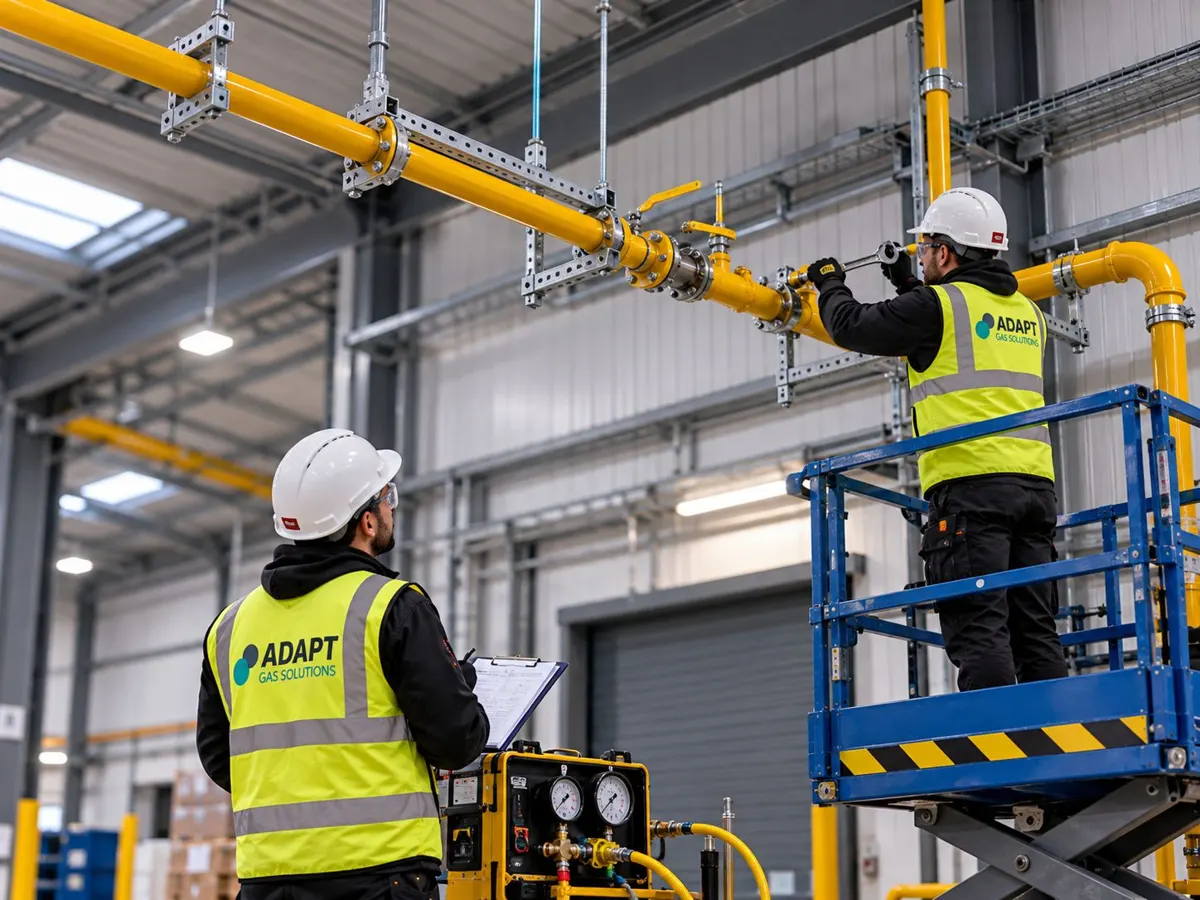 Adapt Gas engineers testing and working on overhead gas pipework in a warehouse