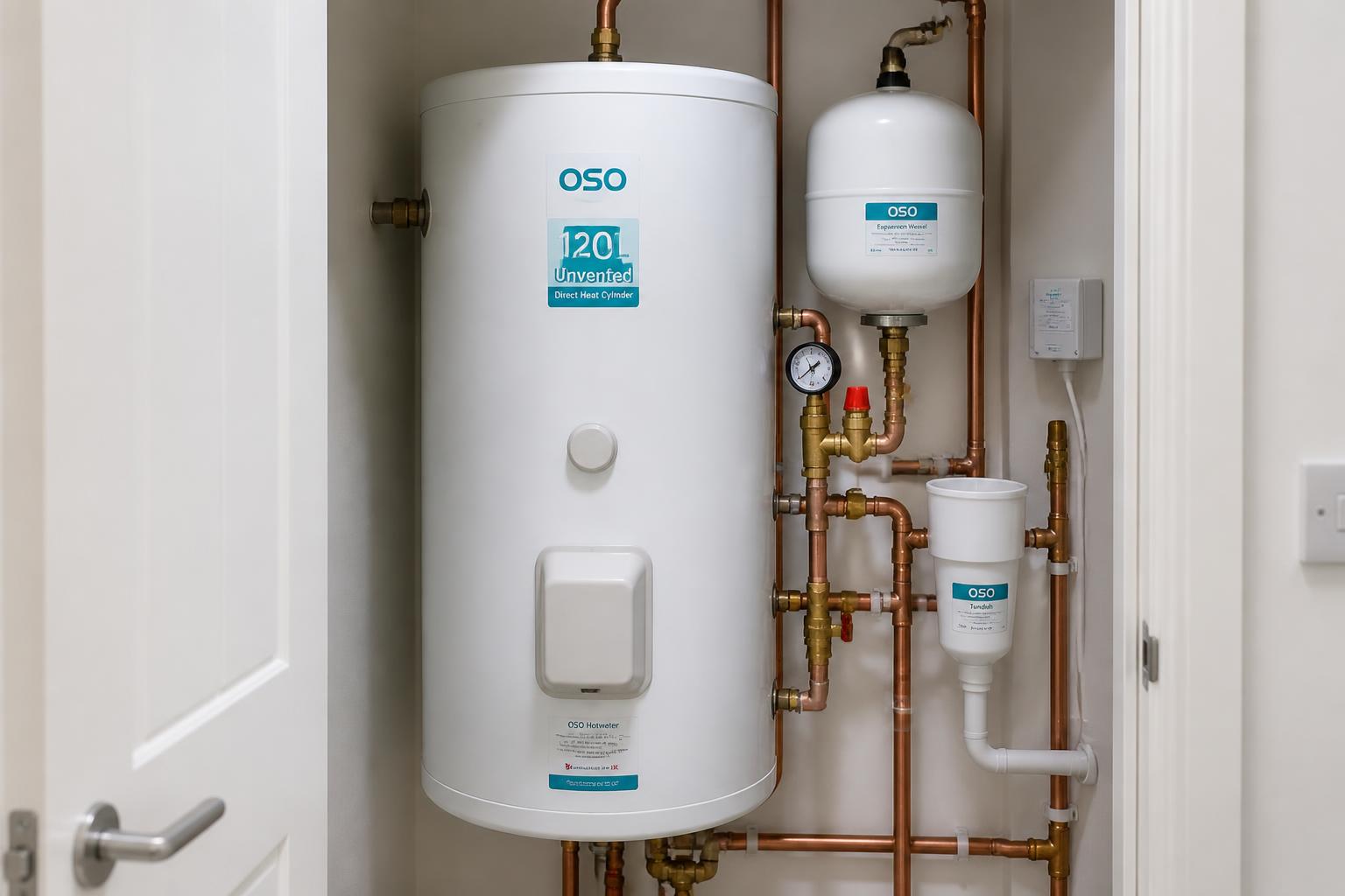 Typical 120L wall-mounted unvented hot water cylinder with immersion heater in a plant room
