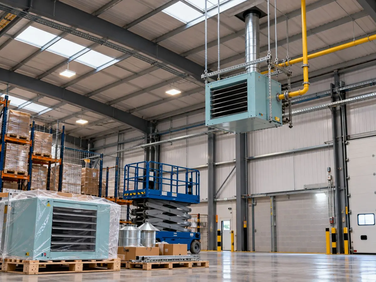 Suspended gas-fired warm air heater installed in a warehouse with a new unit ready on a pallet