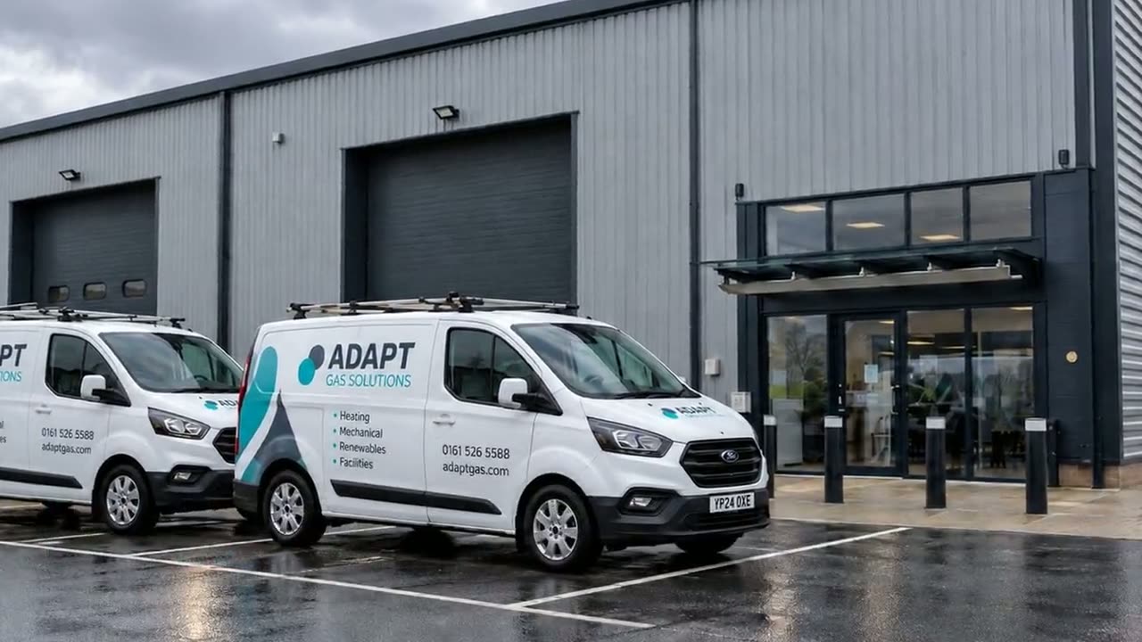 Adapt Gas Solutions vans outside a modern warehouse unit
