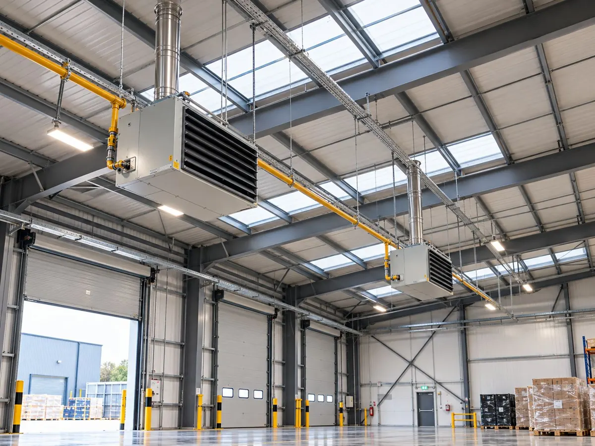 Completed warm air heating system with suspended heaters and gas pipework in a distribution warehouse