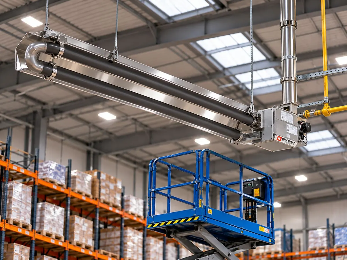 Powrmatic gas-fired warm air heater being serviced from a scissor lift above warehouse racking