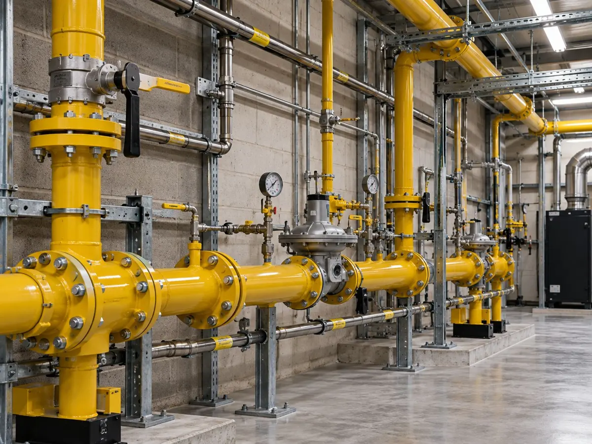 Commercial gas pipework with flanged joints, valves and pressure gauges